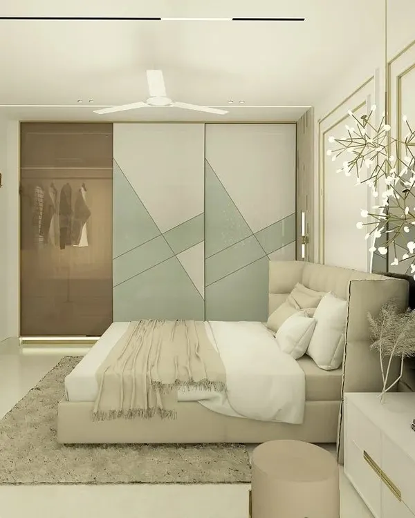 It all starts with a vision. This is a 3D rendering I created for a client's bedroom, showing the proposed design with a custom bed, a unique chandelier, and a wardrobe with geometric-patterned sliding doors.