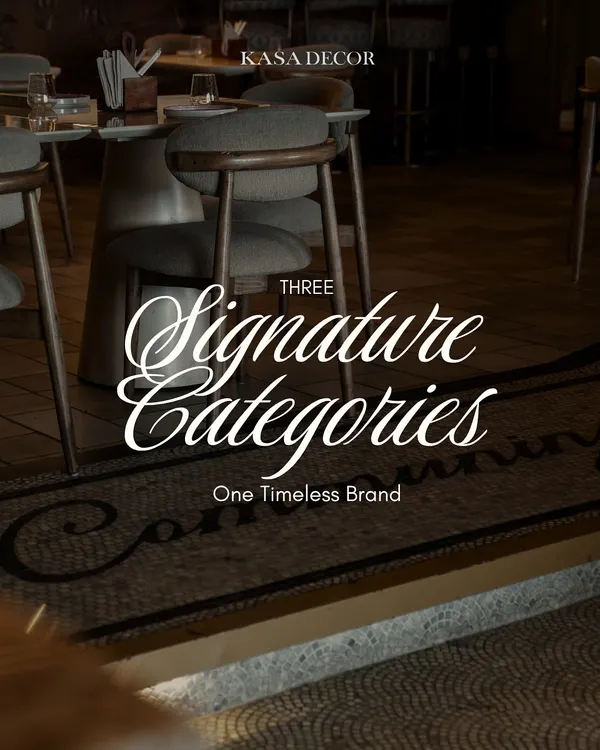"Three Signature Categories, One Timeless Brand." This graphic introduces our core offerings: bespoke tiles, stone, and concrete, which form the soul of every space we touch.