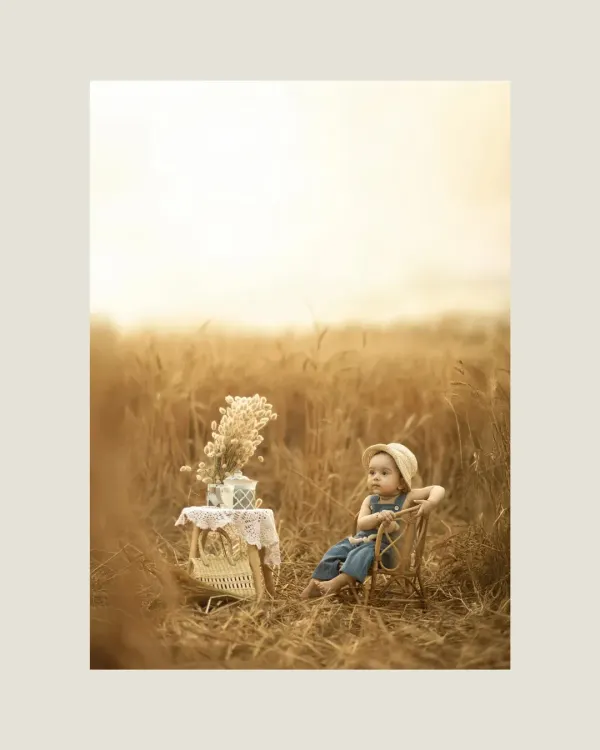 A child sits thoughtfully in a wicker chair amidst a vast golden wheat field. The expansive, sun-drenched background creates a sense of freedom and wonder, making the child seem like a tiny explorer in a big, beautiful world.