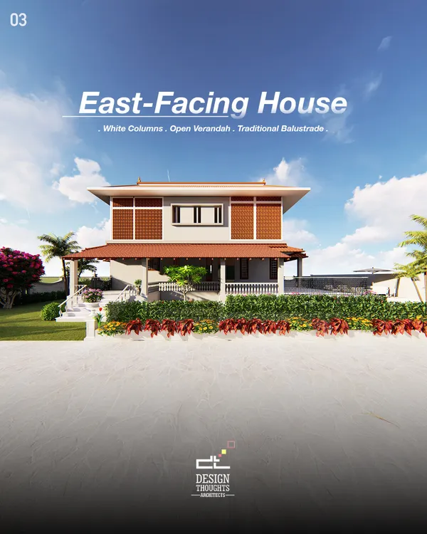 This east-facing Kerala-style farmhouse in Hassan is a timeless vacation home. We designed it with Vastu principles, a terracotta sloped roof, and an open verandah to create a seamless flow with nature.