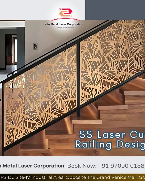 This stainless steel laser cut railing is a prime example of functional art. The intricate leaf pattern was precisely cut to create a dynamic visual effect, enhancing the staircase while ensuring safety and structural integrity.