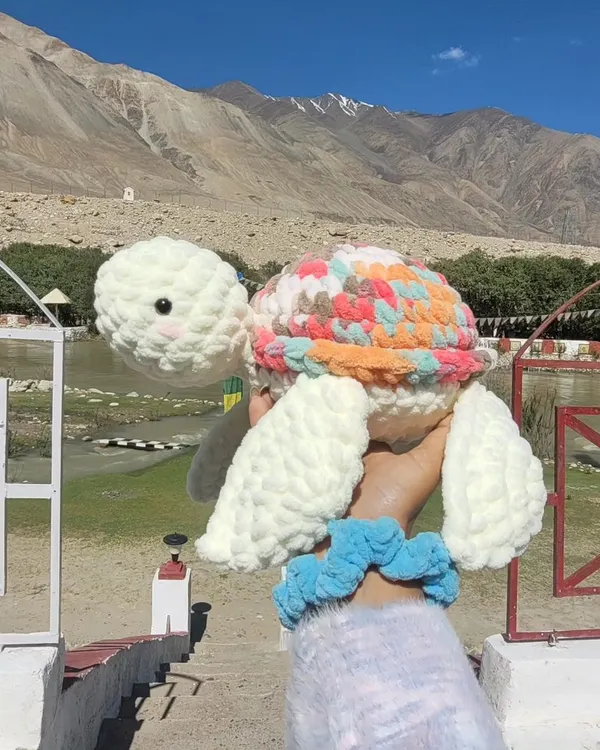 This is Olly the turtle, one of my favorite plushies, on his first big vacation in the mountains! I love creating these cuddly companions that are ready for any adventure. This one is made with super soft, multi-colored yarn for the shell and a creamy white for the body, making it extra huggable.