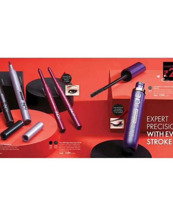 An e-commerce style shot for 'The ONE' eye makeup, featuring eyeliners and mascara. The composition uses geometric blocks and a bold red background to create a visually sharp and modern look.