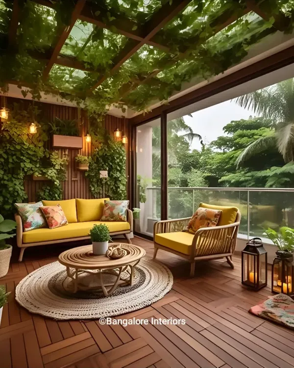 My goal for this balcony was to create a lush, green paradise in the city. I used a vertical garden, a wooden swing, and comfortable wicker furniture to make it the perfect spot to unwind.
