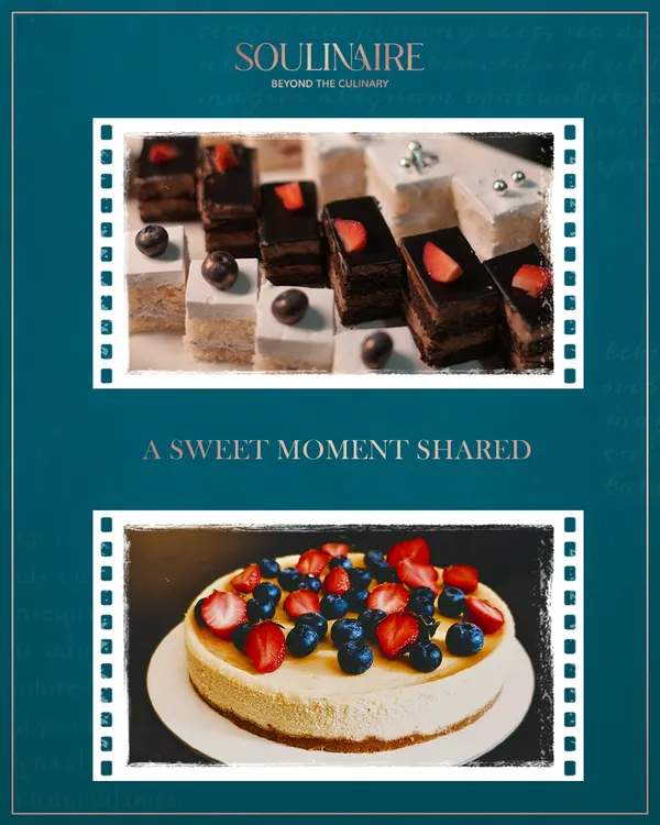 A sweet moment shared is happiness multiplied. Our dessert selection includes delicate miniature cakes and a classic New York cheesecake topped with fresh strawberries and blueberries, perfect for celebrations.