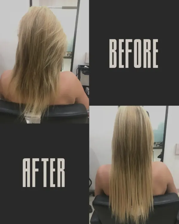 Here is a classic example of adding both length and volume. The 'before' shows fine, shoulder-length hair, and the 'after' reveals a fuller, longer, and healthier-looking style.