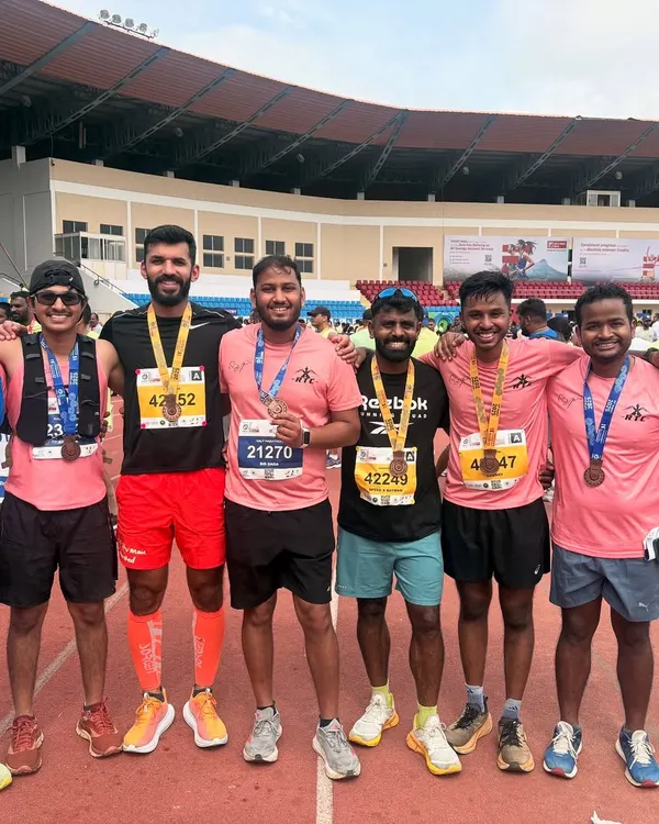 That feeling of crossing the finish line with your team is unbeatable. Here's our crew celebrating with their hard-earned medals after the NMDC Hyderabad Marathon.