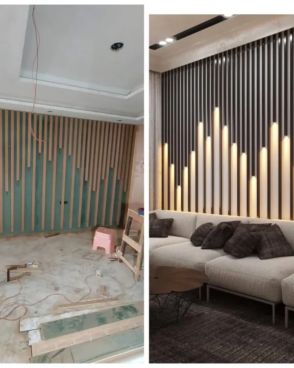 A powerful before and after. This image shows how I took a plain wall and, using wooden slats and custom lighting, turned it into a dramatic, textured feature wall that becomes the centerpiece of the living room.