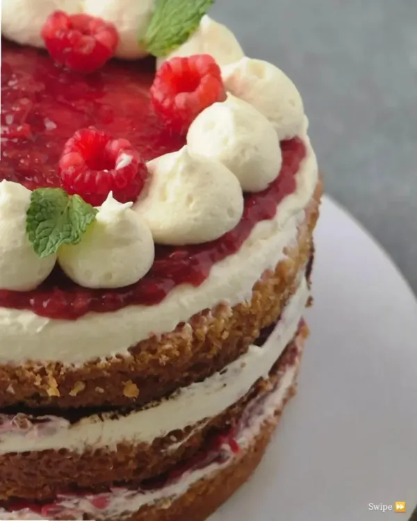 A close-up of my Fresh Raspberry Tiramisu Cake. You can see the layers of soft sponge, creamy filling, and the rich raspberry compote I make from scratch. The fresh mint adds a lovely aroma.