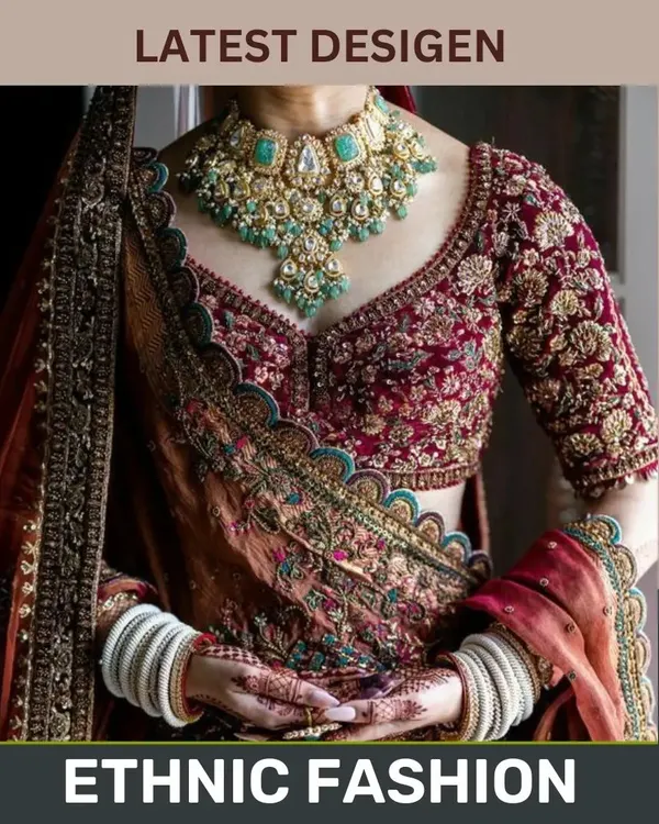 This is an example of a heavily embroidered bridal blouse and lehenga combination I can create. I focus on intricate zardozi, threadwork, and stone detailing for a luxurious wedding look.