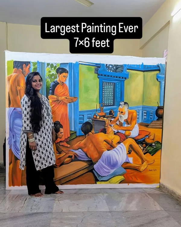 This is one of my largest commissions, a 7x6 feet acrylic on canvas depicting a scene from ancient Indian medicine. Seeing my art at this scale is a dream come true, a result of true `mehnat` and the trust of my client.
