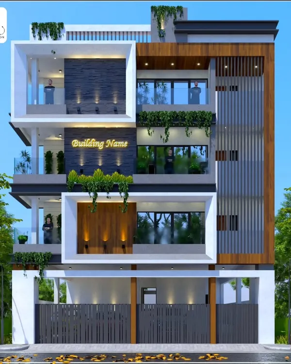 A 3D visualization of a multi-story residential building we designed. This modern elevation features a dynamic interplay of materials, including dark stone cladding and wood accents, complemented by integrated planters and strategic lighting to create a standout facade.