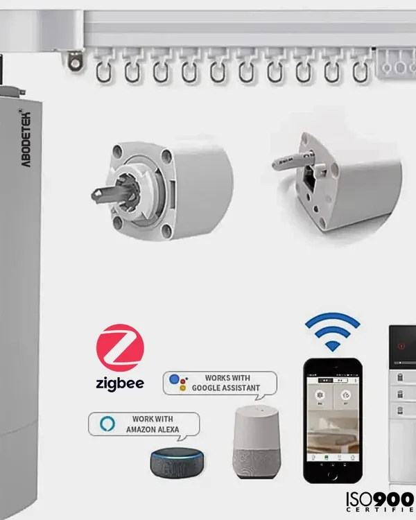 This is our Abodetek Smart Curtain Motor, the engine behind your automated window treatments. It uses reliable Zigbee technology and works with Amazon Alexa and Google Assistant for effortless voice or app control.