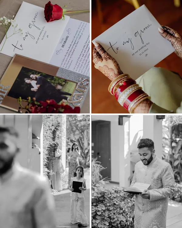 A collage of heartfelt details from the Nikah ceremony, including the bride's letter to the groom and his emotional reaction upon reading it.