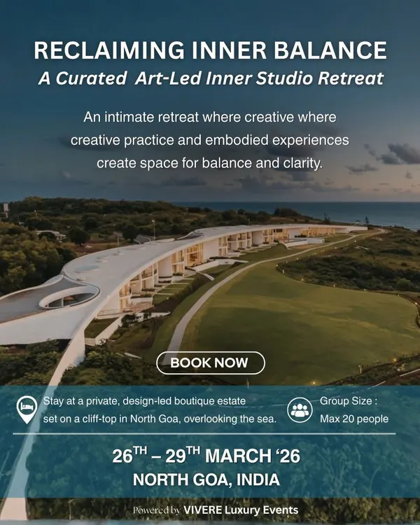 This is an invitation to reclaim your inner balance. I host you at a stunning, private boutique estate set on a cliff-top in North Goa, overlooking the sea. It's an intimate art-led retreat where creative practice and embodied experiences create space for balance and clarity.