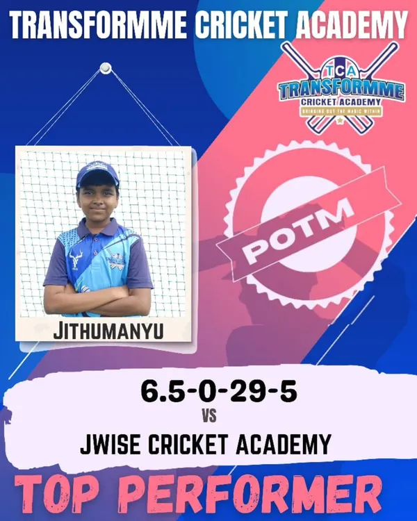 Celebrating Jithumanyu, who was named Player of the Match for his magnificent five-wicket haul against Jwise Cricket Academy. A result of one year of consistent effort and practice.