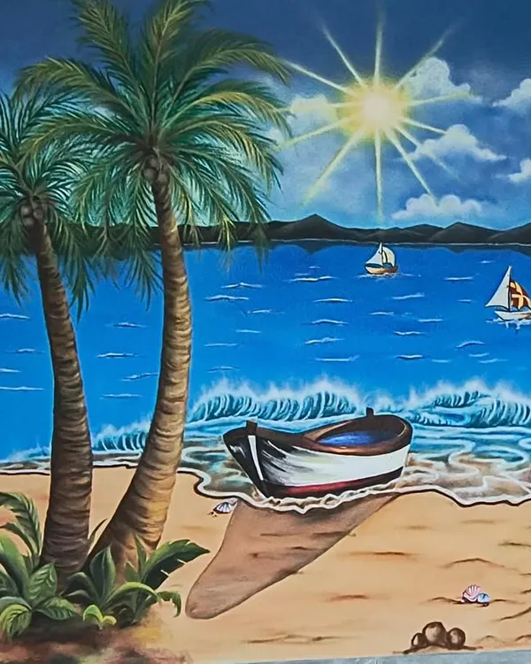I painted this calming beach scene for a villa in Alibag. It features palm trees, a boat on the shore, and a beautiful sunny sky to create a perfect vacation vibe.