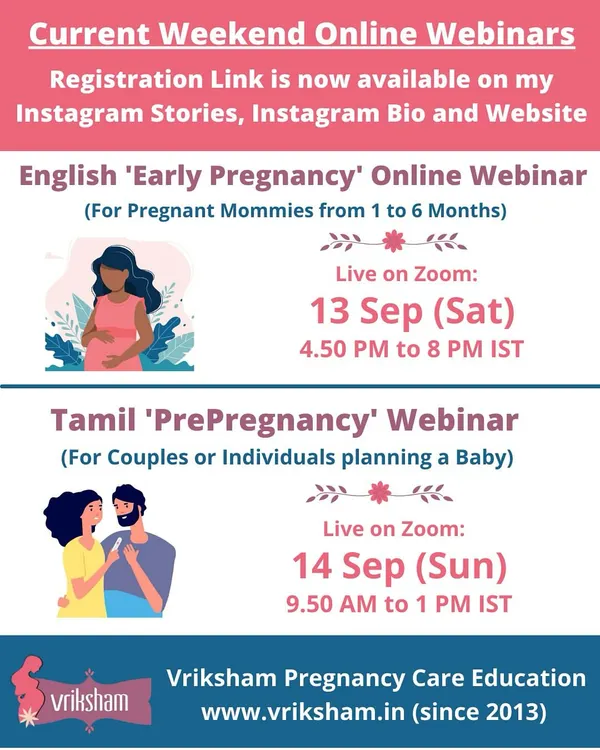 Here is the schedule for our upcoming weekend online webinars. Join me for the English 'Early Pregnancy' session or the Tamil 'PrePregnancy' webinar. You can register through the link in my bio.