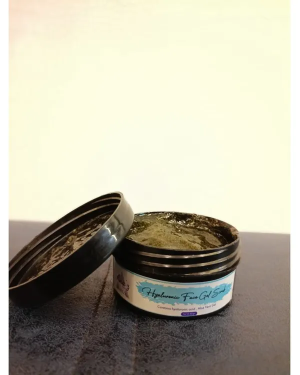 This is my Hyaluronic Face Gel Scrub. It's packed with ingredients to brighten your skin, reduce dark spots, and remove tan and dead skin cells, all while providing deep hydration to improve skin elasticity.