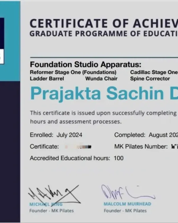 I am thrilled to share that I am officially certified in Apparatus Pilates from the renowned Michael King Pilates Institute. Continuous learning is part of my journey to ensure I bring the best to my clients.
