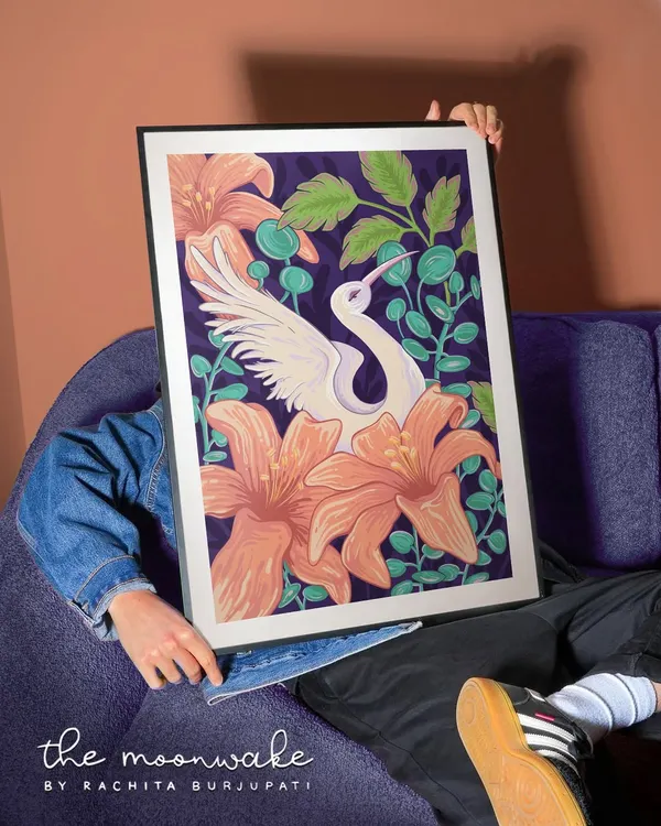 Here is my crane and lily illustration presented as a large, framed wall art piece. I love how the dark background makes the colors of the flowers and the white crane pop.