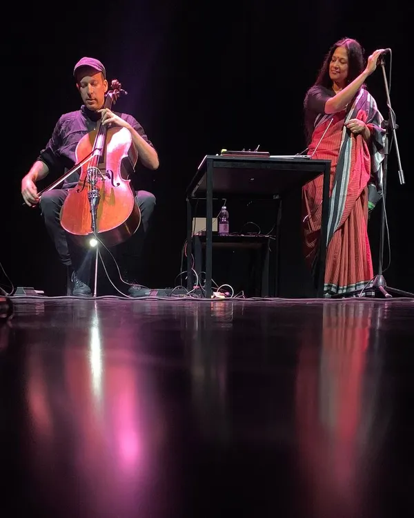 Performing live with my dear friend and collaborator, German cellist Andi Otto. Our music blends Kannada poetry with electronic soundscapes, a journey we have shared on stages across Europe and India.