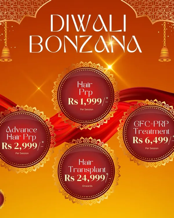 To celebrate the festive season, I've put together this Diwali Bonzana with special prices on our most popular hair restoration treatments, including Hair PRP, GFC, and Hair Transplants.