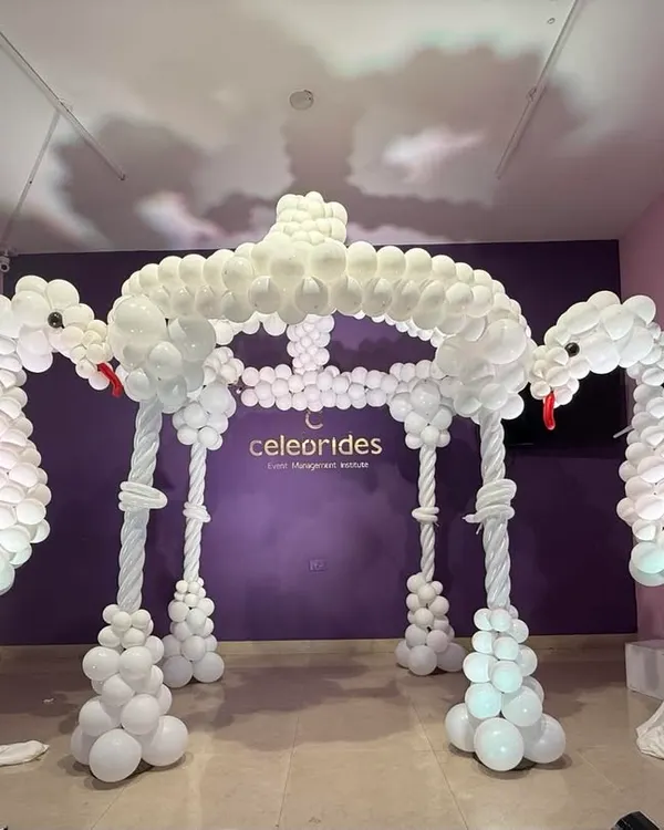 An intricate swan mandap made entirely of white balloons. This is an example of an advanced balloon sculpture project our students learn to create during their practical exam sessions.
