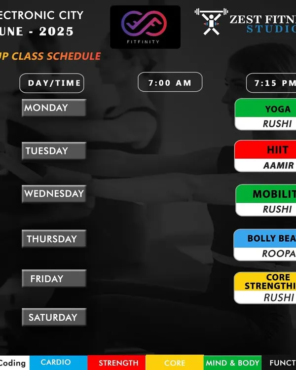 The group class schedule for June 2025. This month featured a mix of Yoga, HIIT, Mobility, Bolly Beats, and Core Strengthening classes in the evenings.