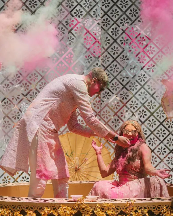 A playful Haldi celebration filled with color and laughter. I designed a custom tub for the ceremony, set against a patterned backdrop, making the ritual even more fun and photogenic.
