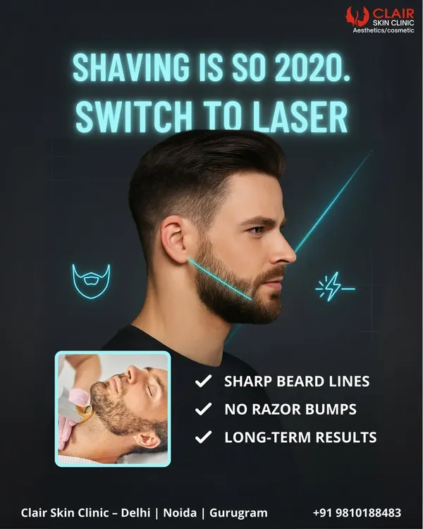 This graphic highlights the key benefits of switching to laser for your beard. Achieve sharp beard lines, eliminate razor bumps, and enjoy long-term results with our professional grooming service.
