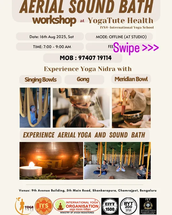 This is the flyer for our Aerial Sound Bath workshop. We combine the deep relaxation of Yoga Nidra and sound healing with the gentle support of aerial hammocks for a truly unique experience.