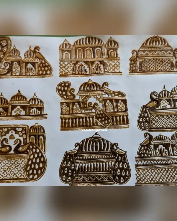 Practicing different styles of startup elements. This sheet shows various designs for palaces and peacocks, which are essential components of bridal mehndi.