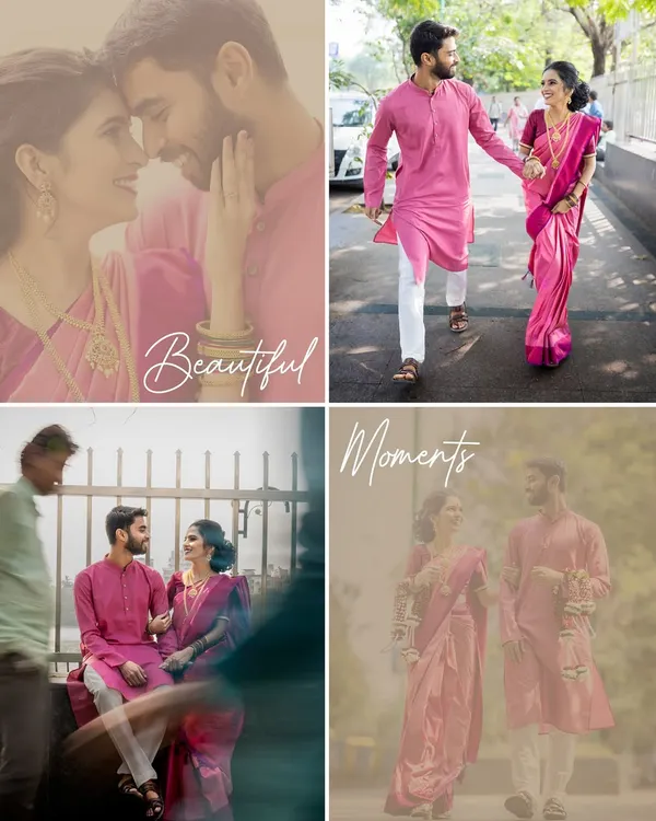 A collage of beautiful moments from a traditional Maharashtrian pre-wedding shoot, capturing the couple's connection in classic pink outfits.