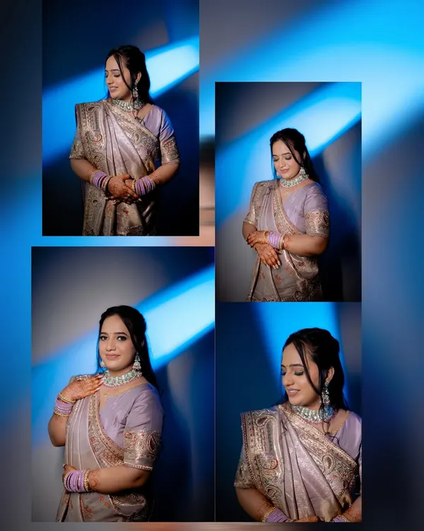 A collage of the bride's solo portraits against a modern, blue-lit background. I use creative lighting to make your individual photos stand out.