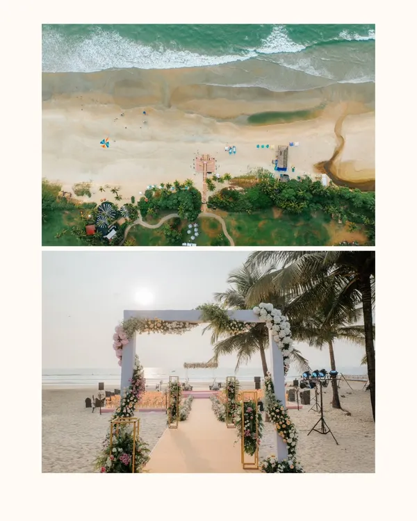 An aerial drone shot of the stunning beach wedding setup in Goa. This perspective captures the grand scale of the event, with the ocean waves in the background.