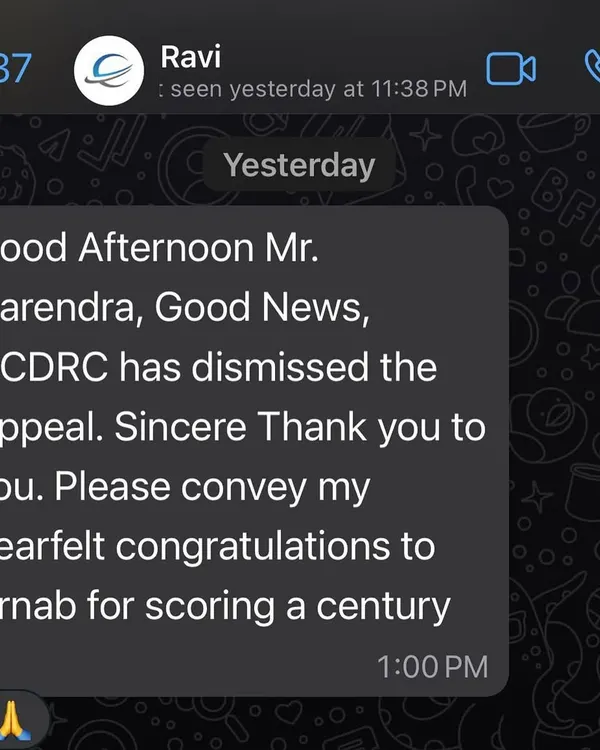 This is the kind of message that makes the long fight worthwhile. After an 11-year battle in a consumer dispute case that went all the way to the National Commission in Delhi, my client received the good news. It is a testament to the power of patience and persistence in the legal process.