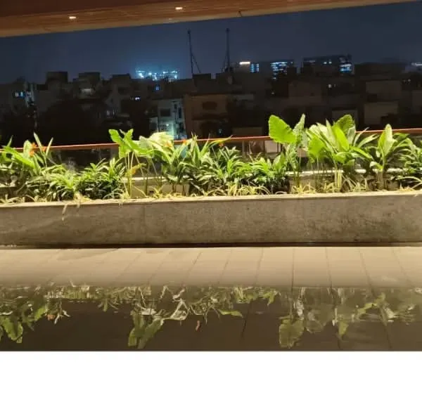 A terrace garden isn't just for the daytime. This setup, with its built-in planters, comes alive at night, offering a stunning view of the city and a tranquil place to unwind after a long day.
