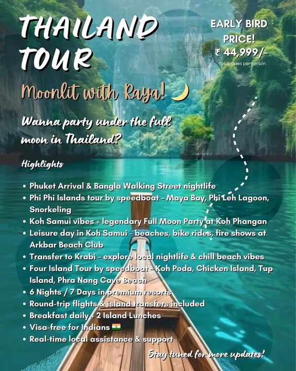 The complete guide to our Thailand tour. This poster breaks down the day-by-day plan, highlighting key activities like the Full Moon Party, the Four Island Tour in Krabi, and snorkeling in the Phi Phi Islands. All-inclusive pricing means your flights, stays, and key meals are covered.