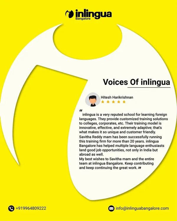 This testimonial from Hitesh Harikrishnan highlights our reputation for providing innovative, effective, and adaptive training solutions to colleges and corporations. He notes our role in helping language enthusiasts land job opportunities in India and abroad.