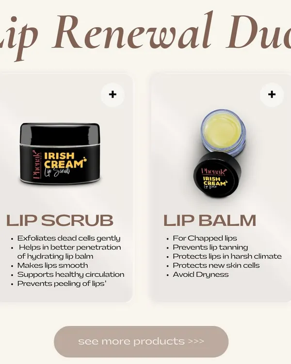 Introducing my Lip Renewal Duo. The Irish Cream Lip Scrub gently exfoliates dead cells, allowing the hydrating Irish Cream Lip Balm to penetrate deeply. This two-step process supports healthy circulation and prevents peeling for smooth, protected lips.
