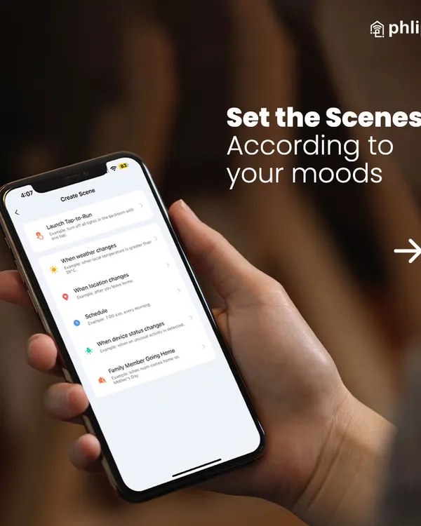 My app allows you to set scenes according to your moods. This image shows the "Create Scene" interface, where you can define triggers like time of day, weather changes, or location.