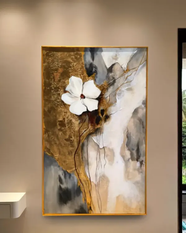 The final look of my abstract floral painting in a client's home. The vertical orientation and gold frame make it a perfect fit for an entryway or a narrow wall, adding a touch of modern luxury.