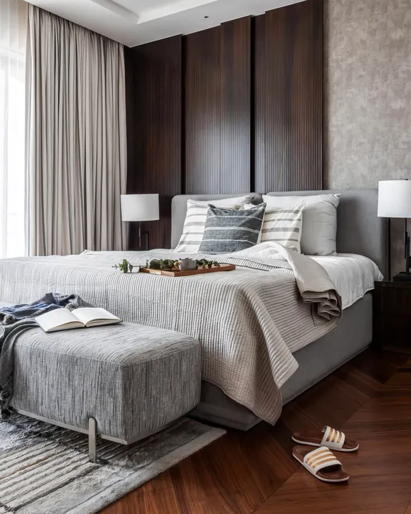 A bedroom designed for slow mornings and quiet luxury. The warmth of dark wood paneling meets soft, layered textiles, creating a space that feels both cozy and contemporary. Herringbone floors and a cool, neutral palette bring a sense of balance.