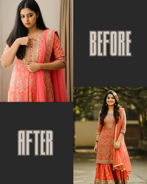 A perfect example of my tailoring magic. This before-and-after shows how a simple adjustment can transform an ill-fitting kurta into a perfectly tailored, magnificent outfit.