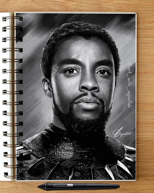 My tribute portrait of Chadwick Boseman as Black Panther, presented in a digital sketchbook format. This black and white drawing was created to honor his powerful legacy.