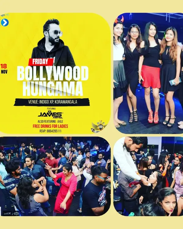 A collage from a "Bollywood Hungama" night, showing the packed dance floor and the amazing energy of the crowd. These nights are all about non-stop dancing and desi beats.