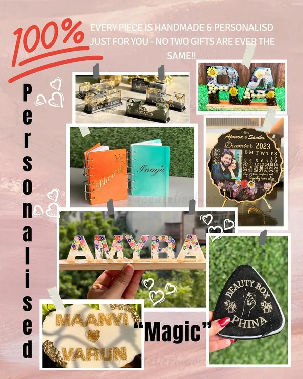 The magic is in the personalization. This collage showcases a variety of my handmade gifts, from nameplates to custom calendars, proving no two gifts are ever the same.