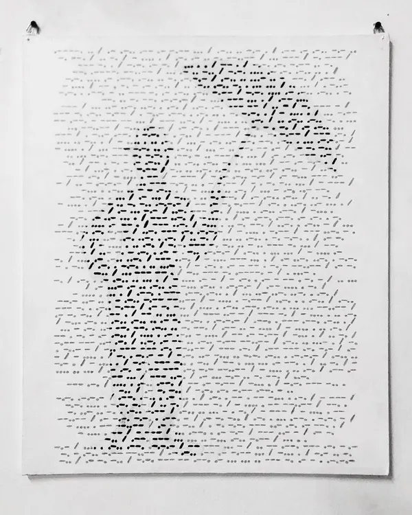 This portrait of Charlie Chaplin is made entirely of Morse code, spelling out his quote: "I always like walking in the rain, so no one can see me crying." It sheds light on the coded ways people often ask for help, inviting viewers to decode the message and reflect on the importance of listening closely.