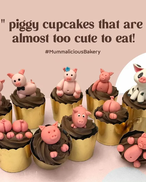 How adorable are these piggy cupcakes? They are almost too cute to eat. These custom-themed cupcakes are perfect for birthdays and special occasions, bringing a smile to everyone's face.